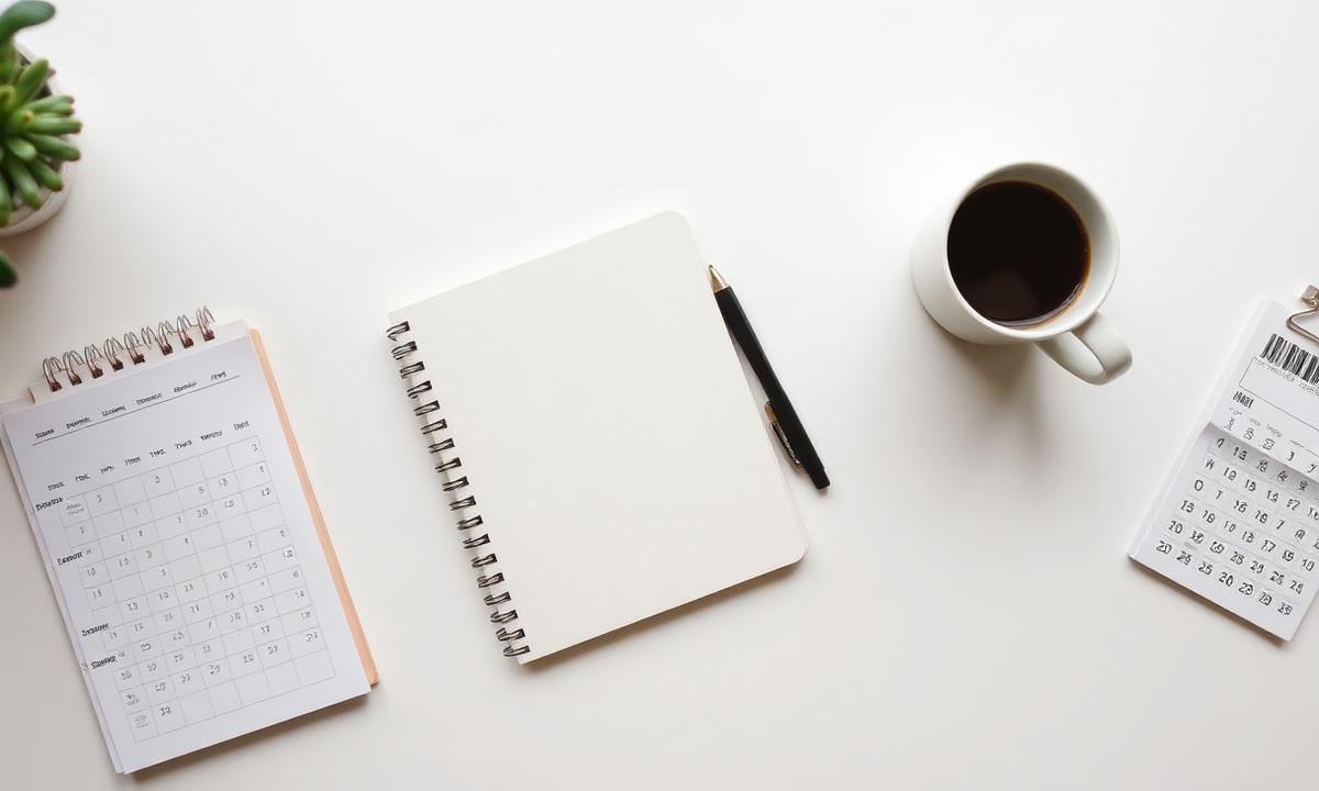 Notebook, pen and calendar on a clean desk