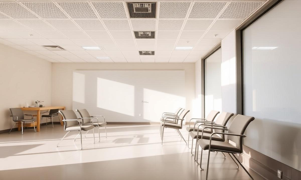 Quiet, sunlit waiting area at a research facility