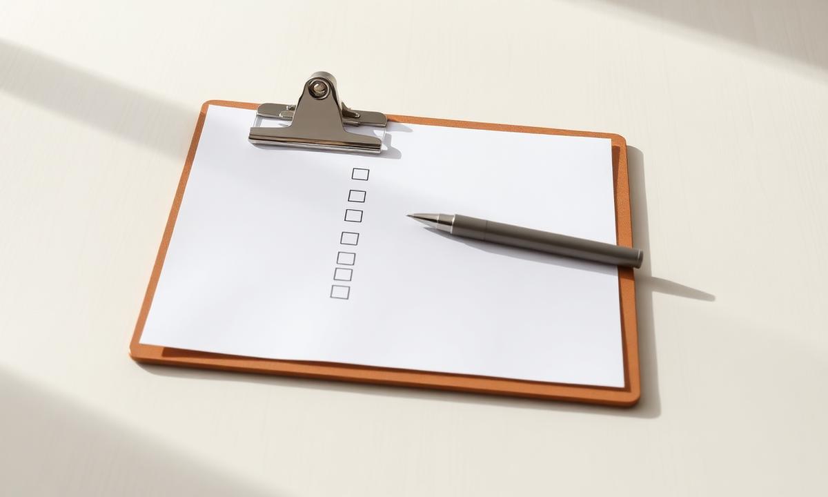 Clipboard with a blank checklist and a pen on a light table